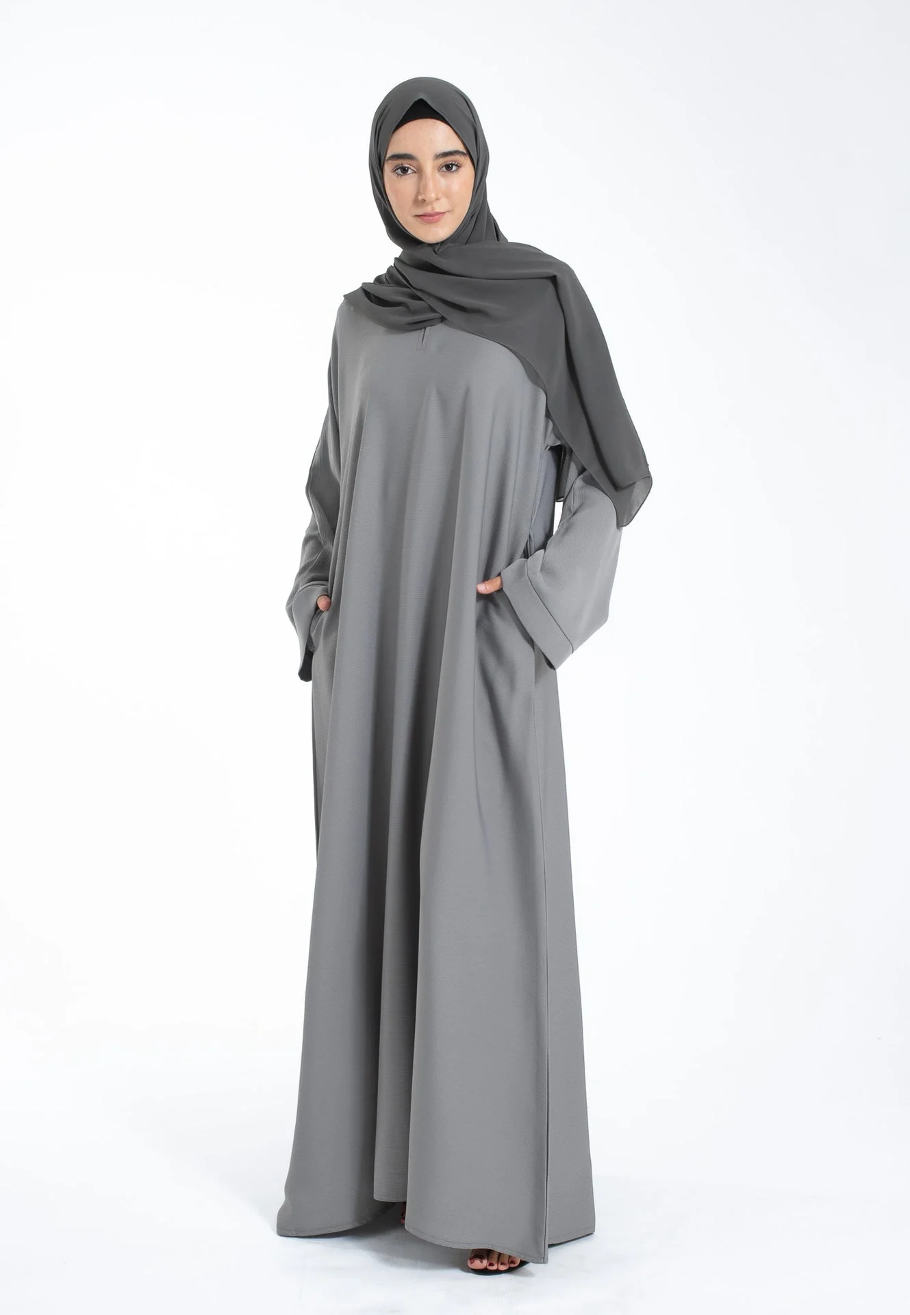 Pebble Grey Textured Abaya with Zip Pockets - Hayah Al-Muslimah