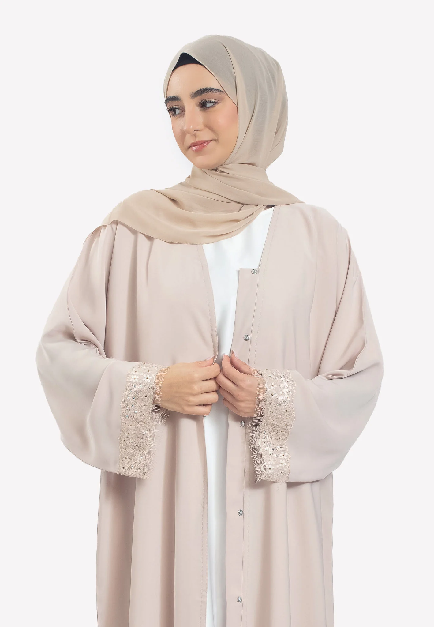 Premium Imperial Cream Nida Abaya with Intricate Sleeves - Hayah Al-Muslimah