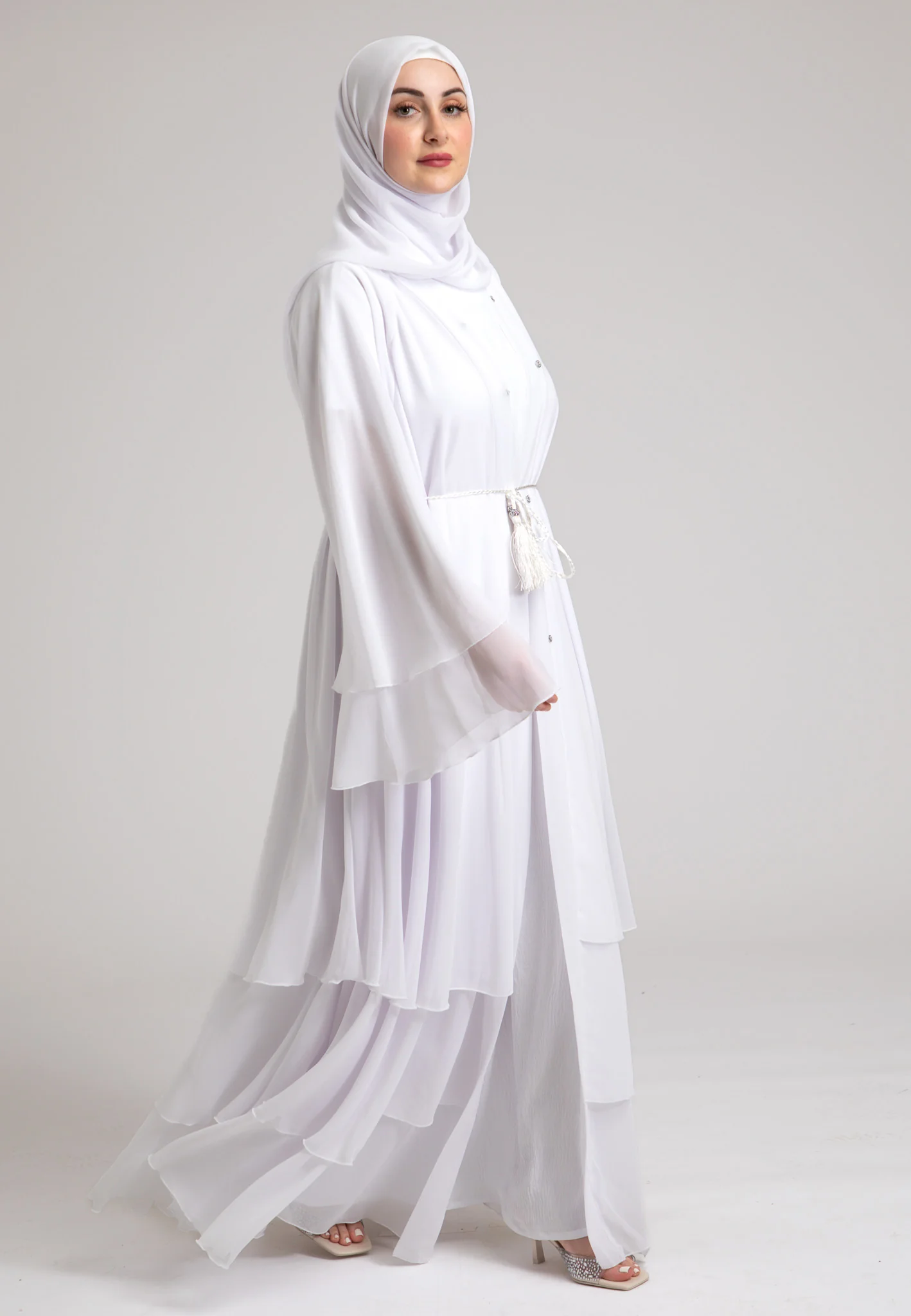 Ivory White 3 Layered Open Abaya With Inner Dress - Hayah Al-Muslimah