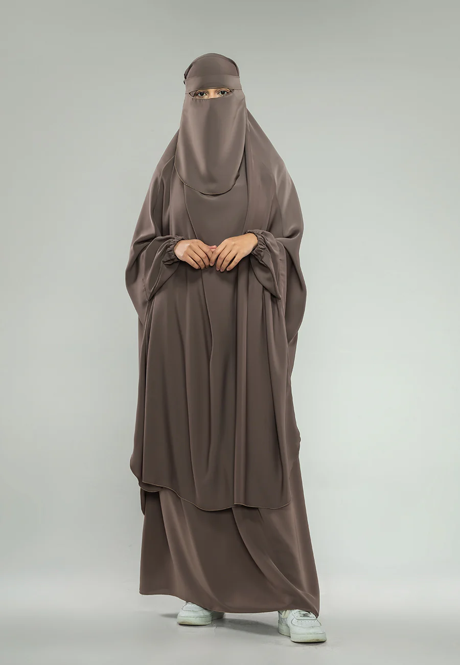 Taupe Two-Piece Jilbab With Elasticated Cuff - Prayer / Abaya Dress (Premium) - Hayah Al-Muslimah