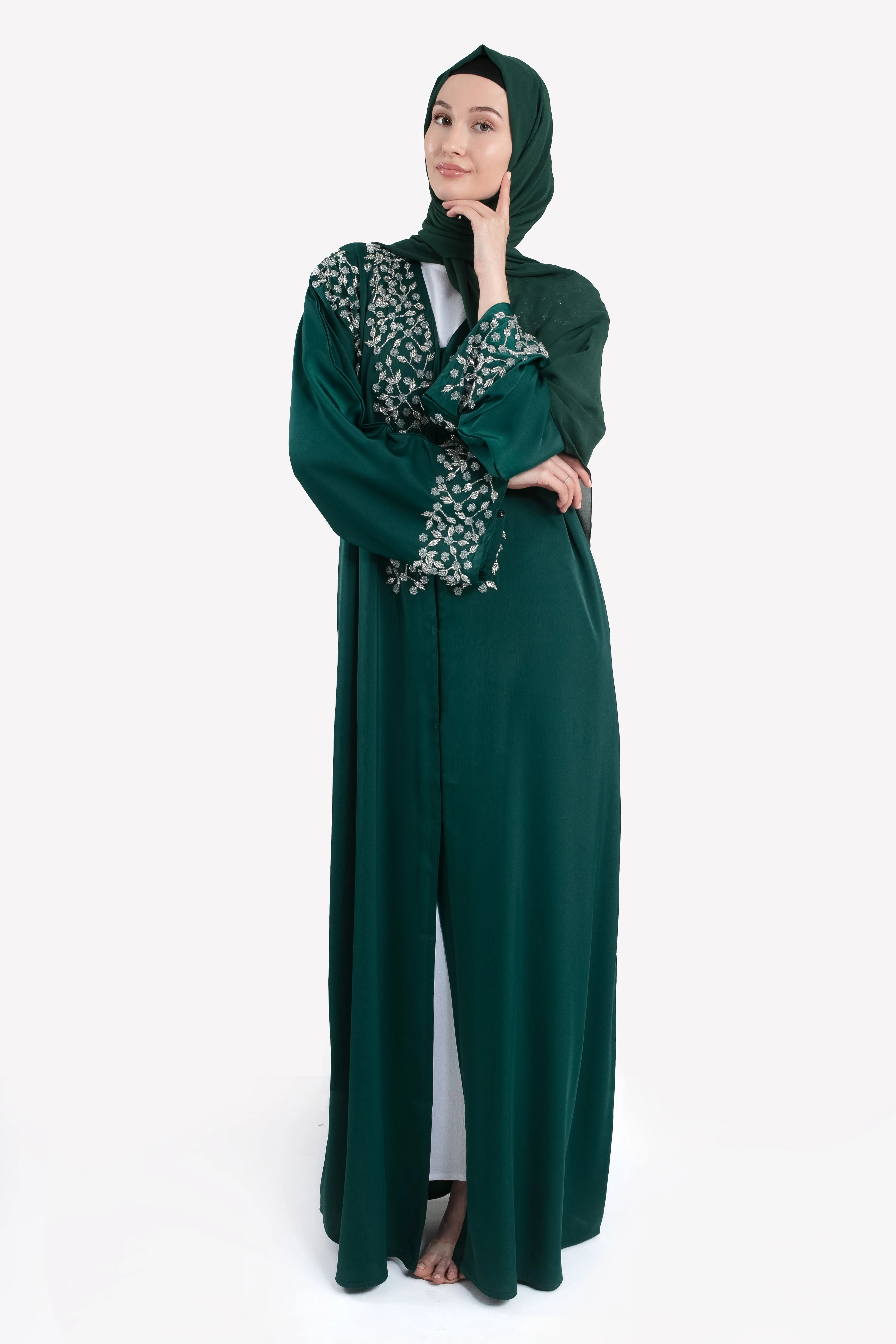 Mystic Emerald Embellished Satin Open Abaya - Hayah Al-Muslimah