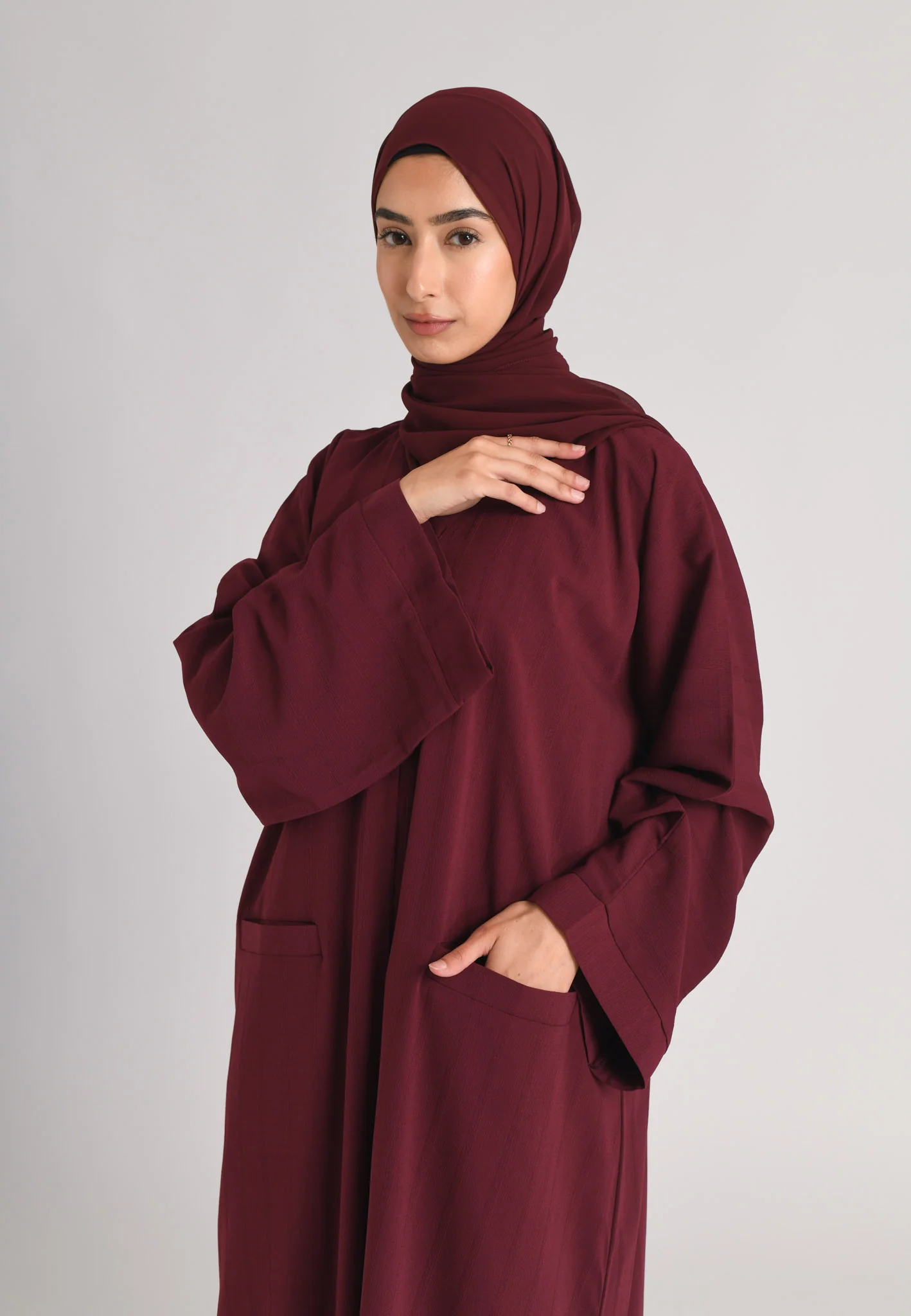 Garnet Maroon Open Abaya with Front Pockets (Premium) - Hayah Al-Muslimah