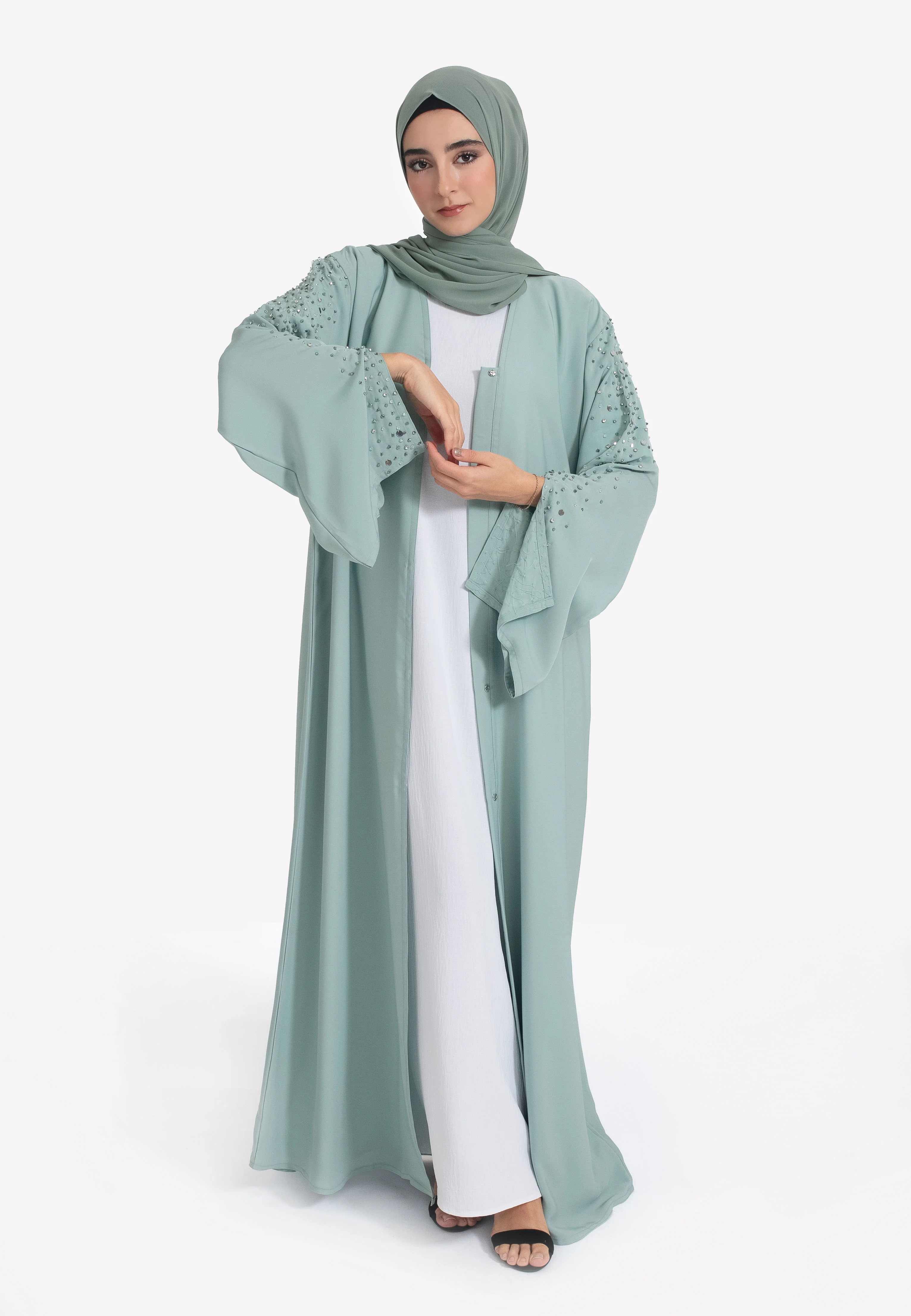 Tiffany Blue Embellished Open Abaya - Hayah Al-Muslimah
