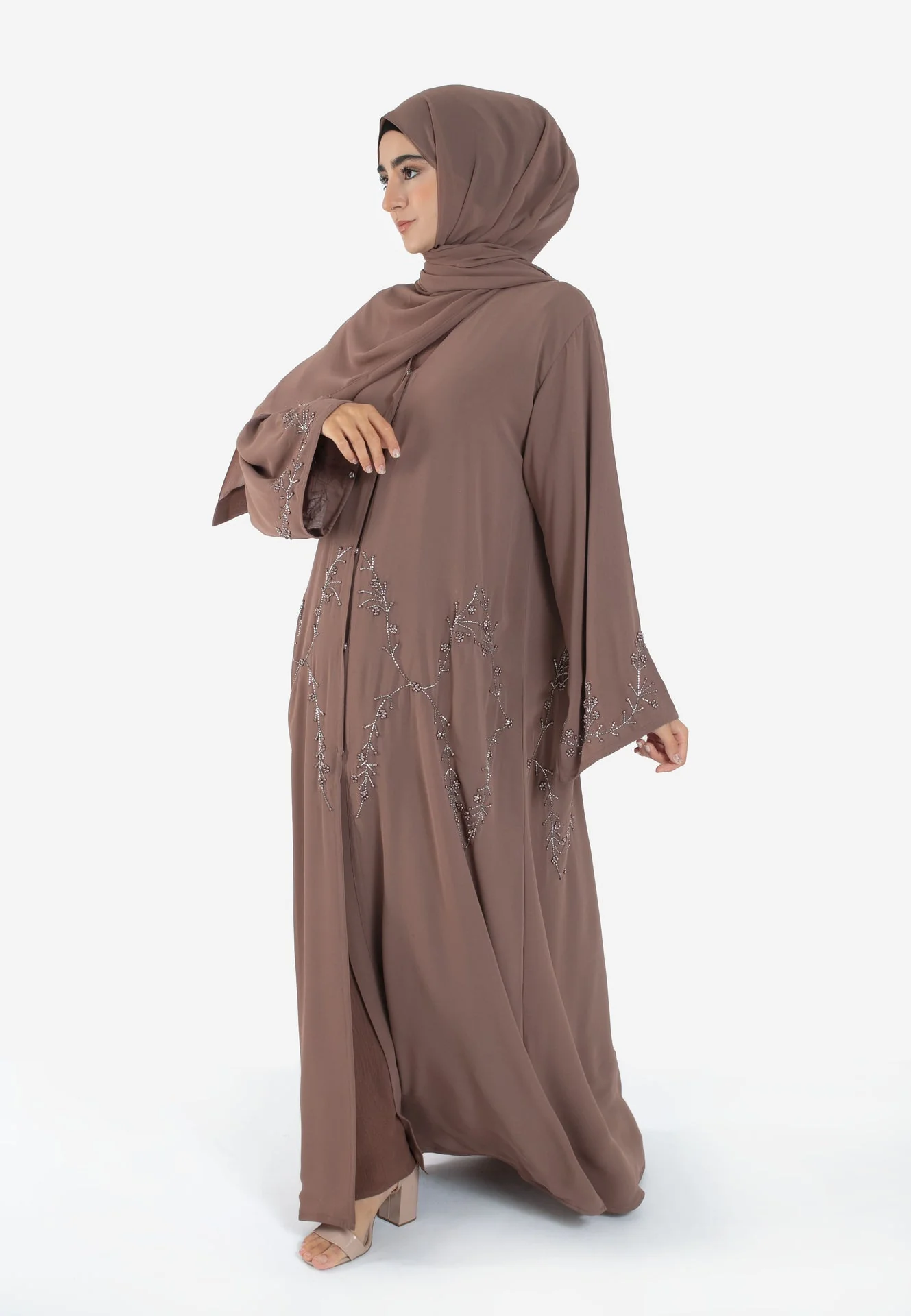 Luxury Mocha Embellished Open Abaya - Hayah Al-Muslimah