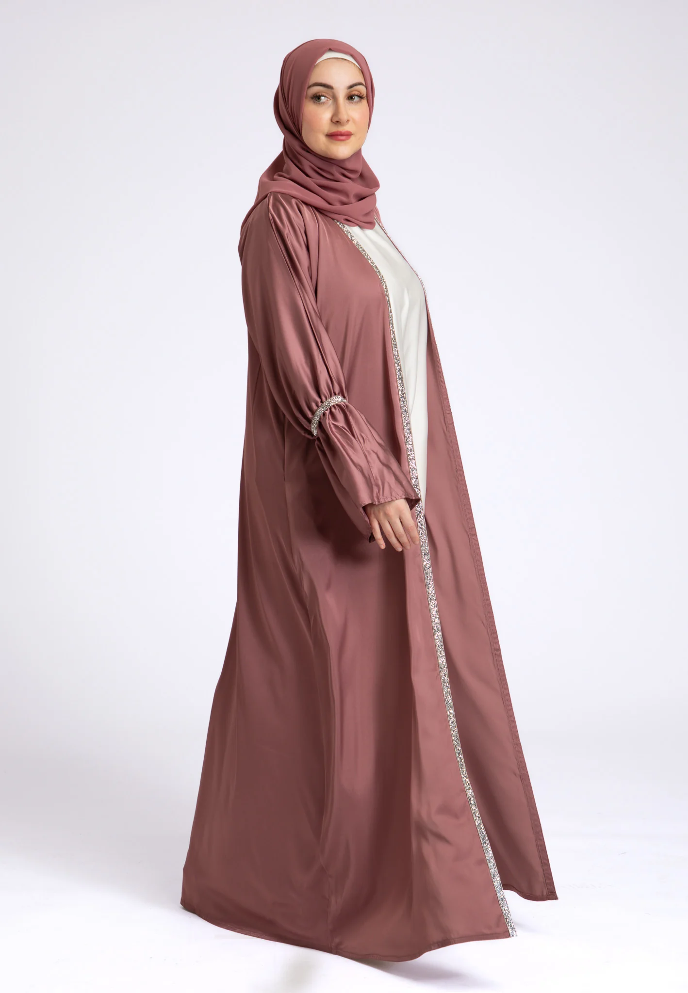 Dusky Mauve Satin Open Abaya Set - Hayah Al-Muslimah