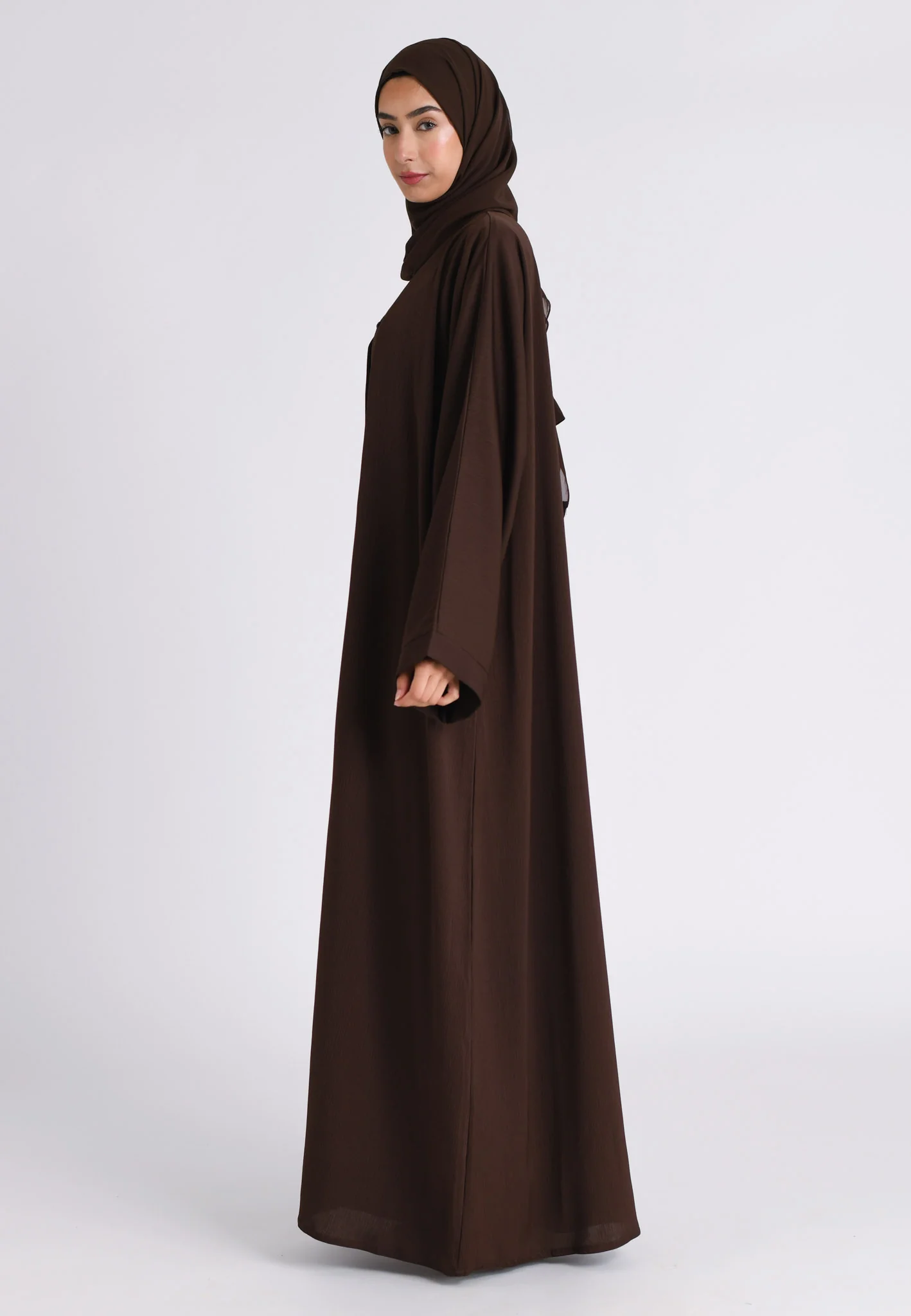 Plain Chocolate Brown Textured Open Abaya (Premium) - Hayah Al-Muslimah