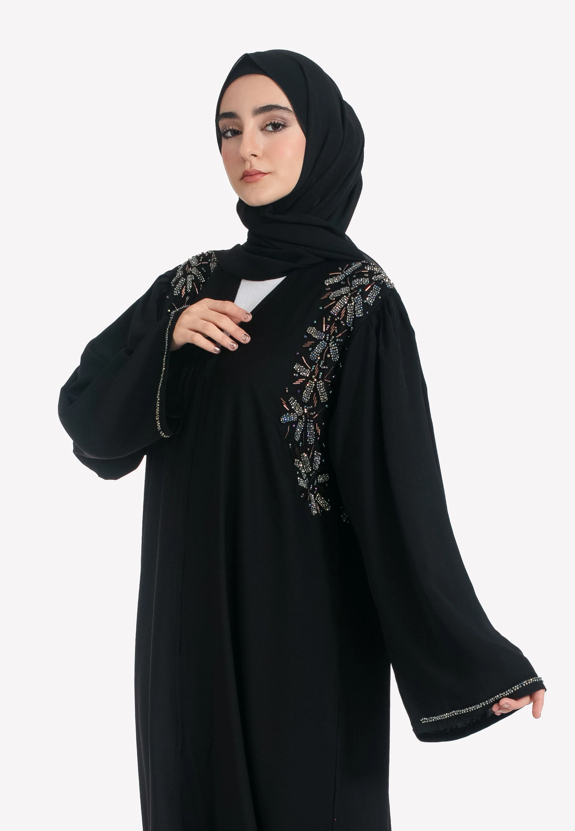 Luxury Black Crystal Embellished Open Abaya - Hayah Al-Muslimah