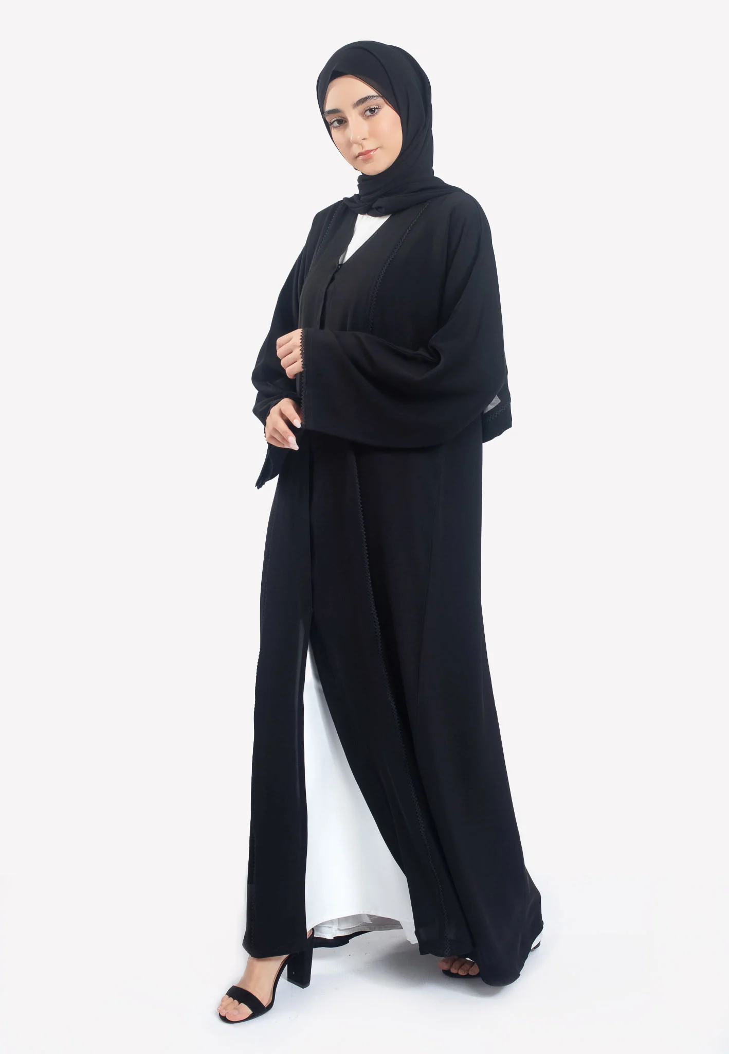 Premium Black Open Abaya with Dainty Lace Detailing - Hayah Al-Muslimah