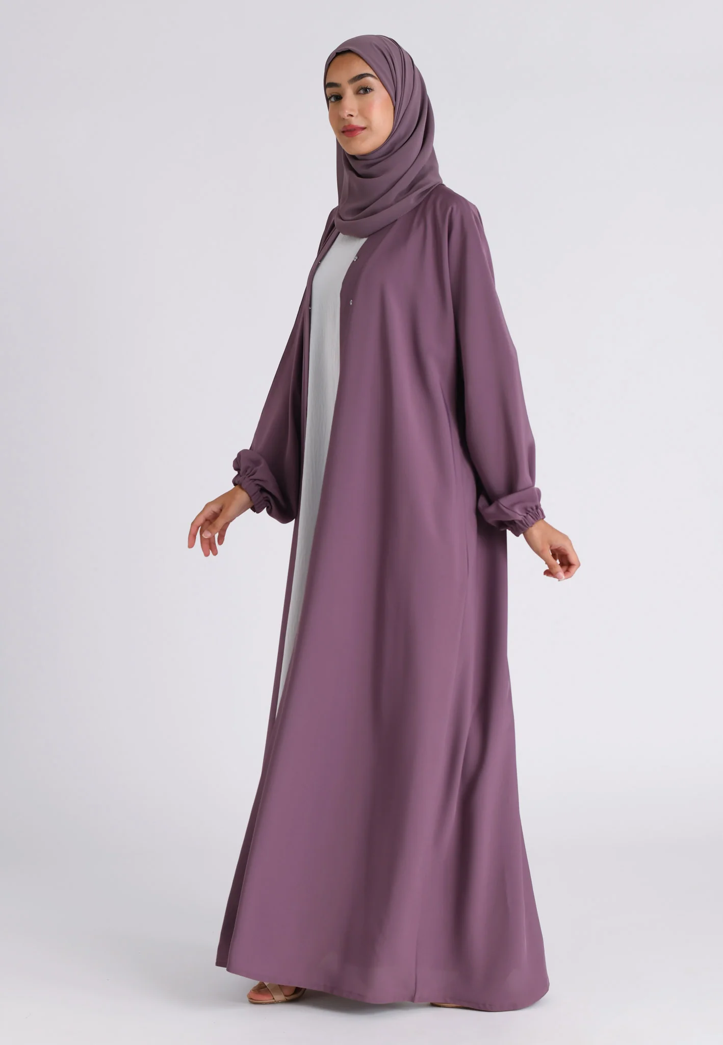 Mulberry Plain Open Abaya With Elasticated Cuff Sleeves (Premium) - Hayah Al-Muslimah