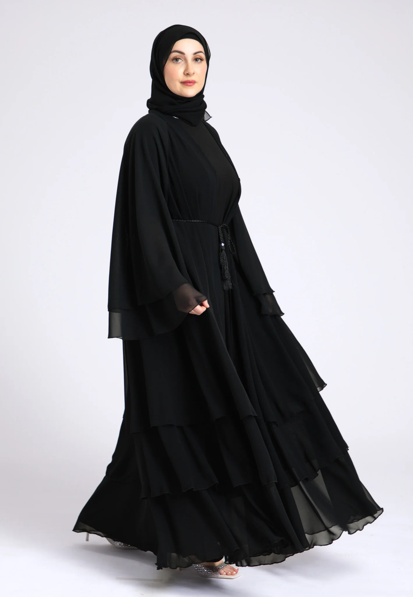 Black Chiffon 3 Layered Abaya With Inner Dress (Premium) - Hayah Al-Muslimah