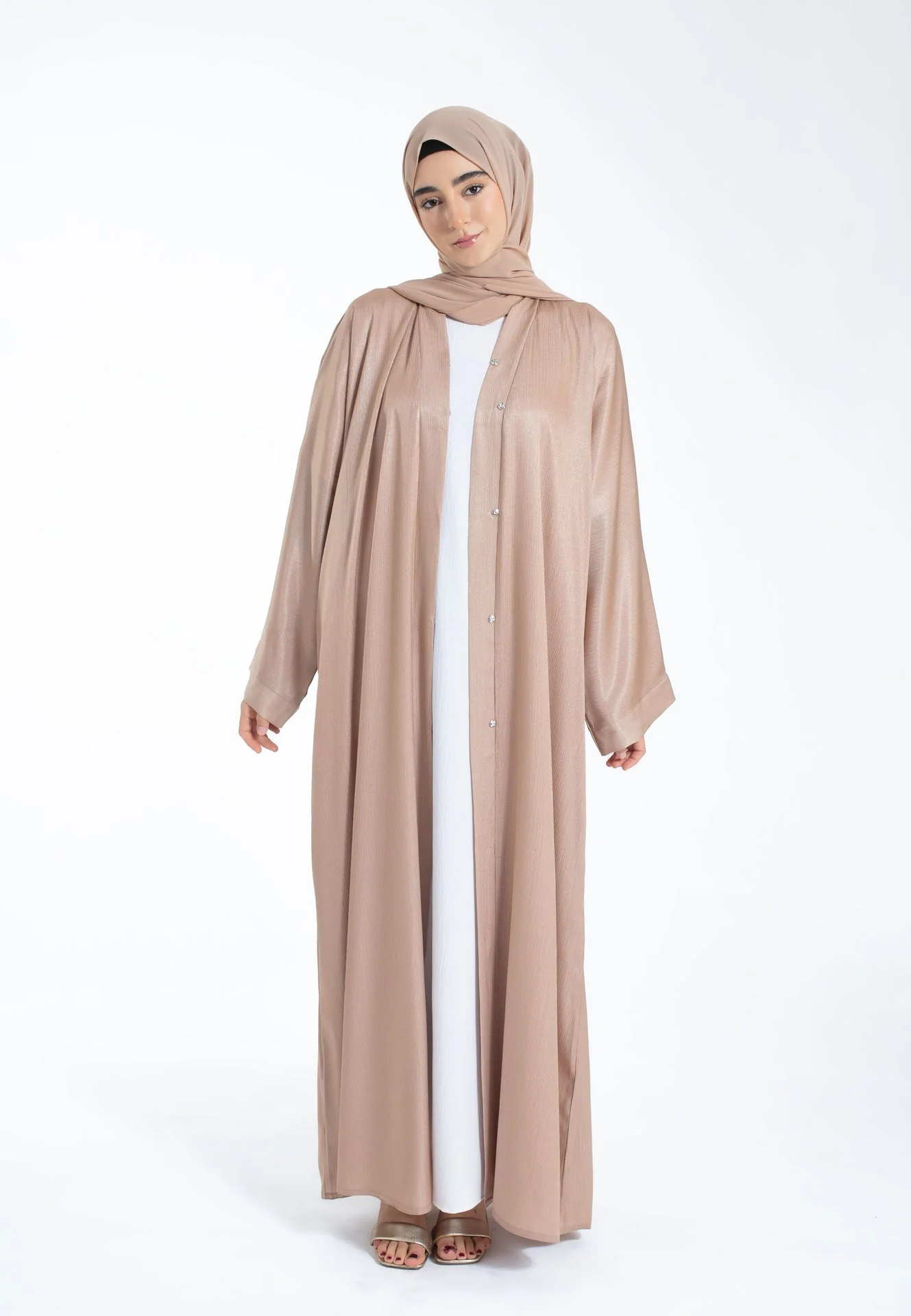 Shimmer Textured Open Abaya - Champagne - Hayah Al-Muslimah