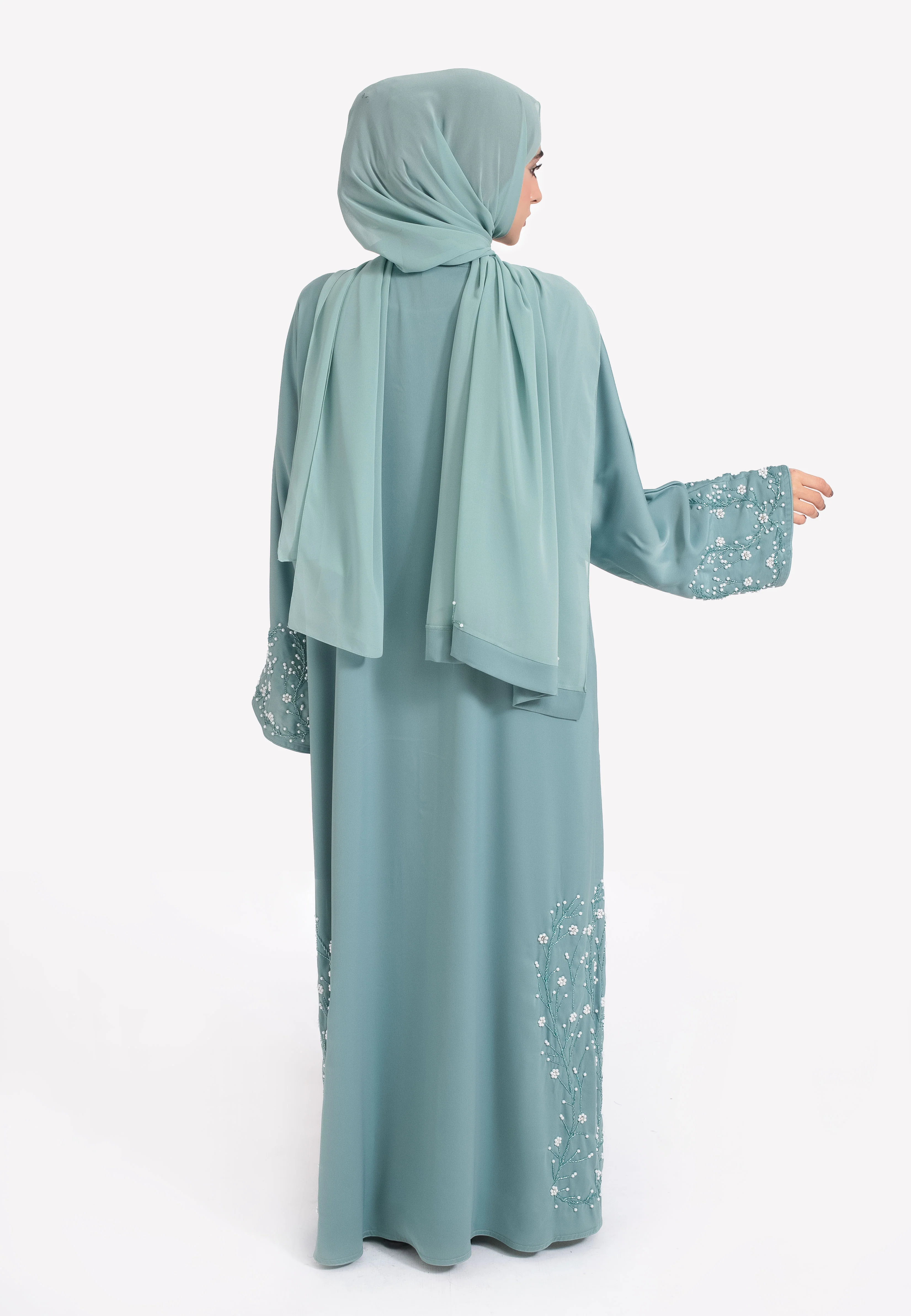 Aqua Satin Embellished Closed Abaya - Hayah Al-Muslimah