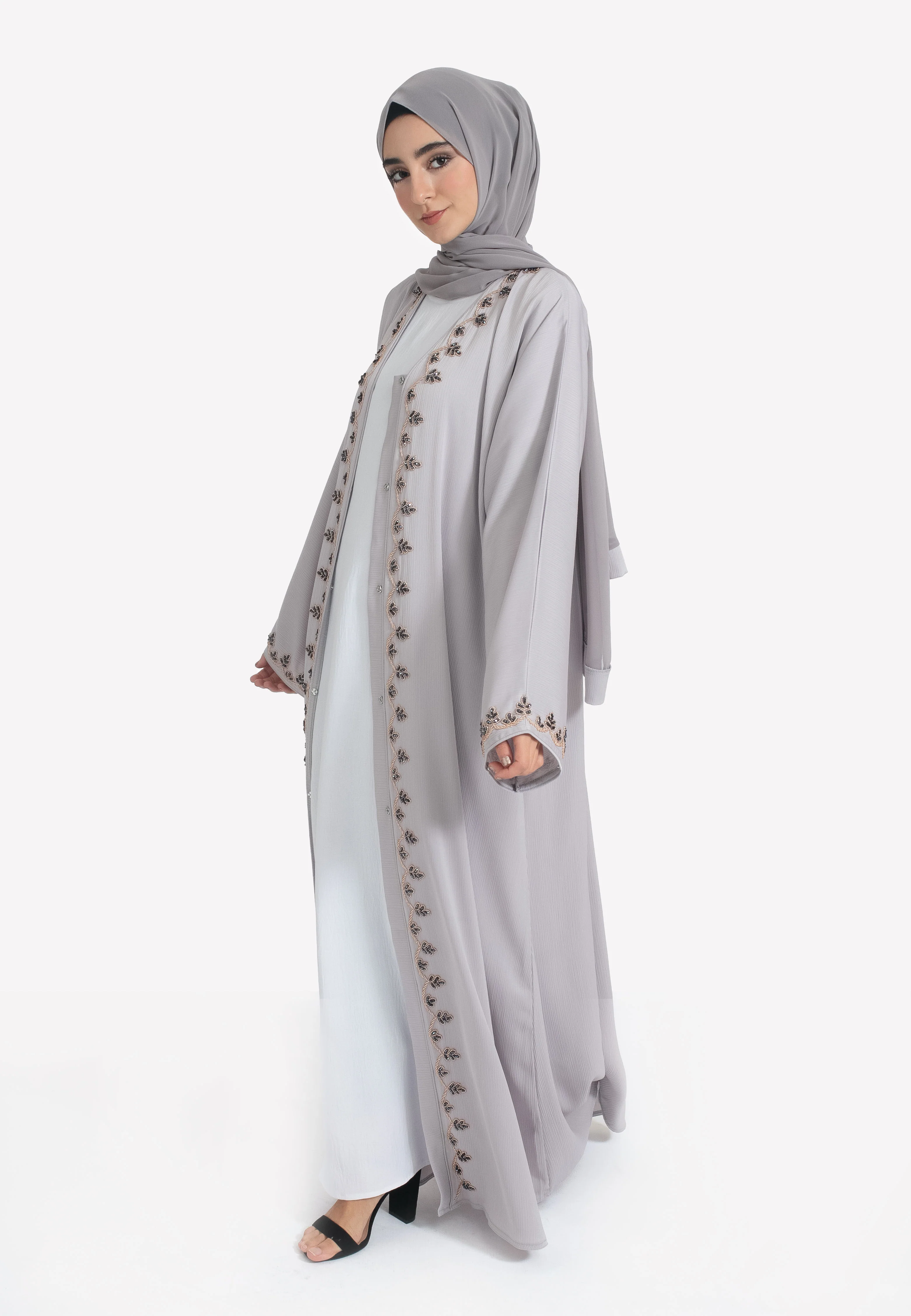 French Grey Embellished Open Abaya - Hayah Al-Muslimah