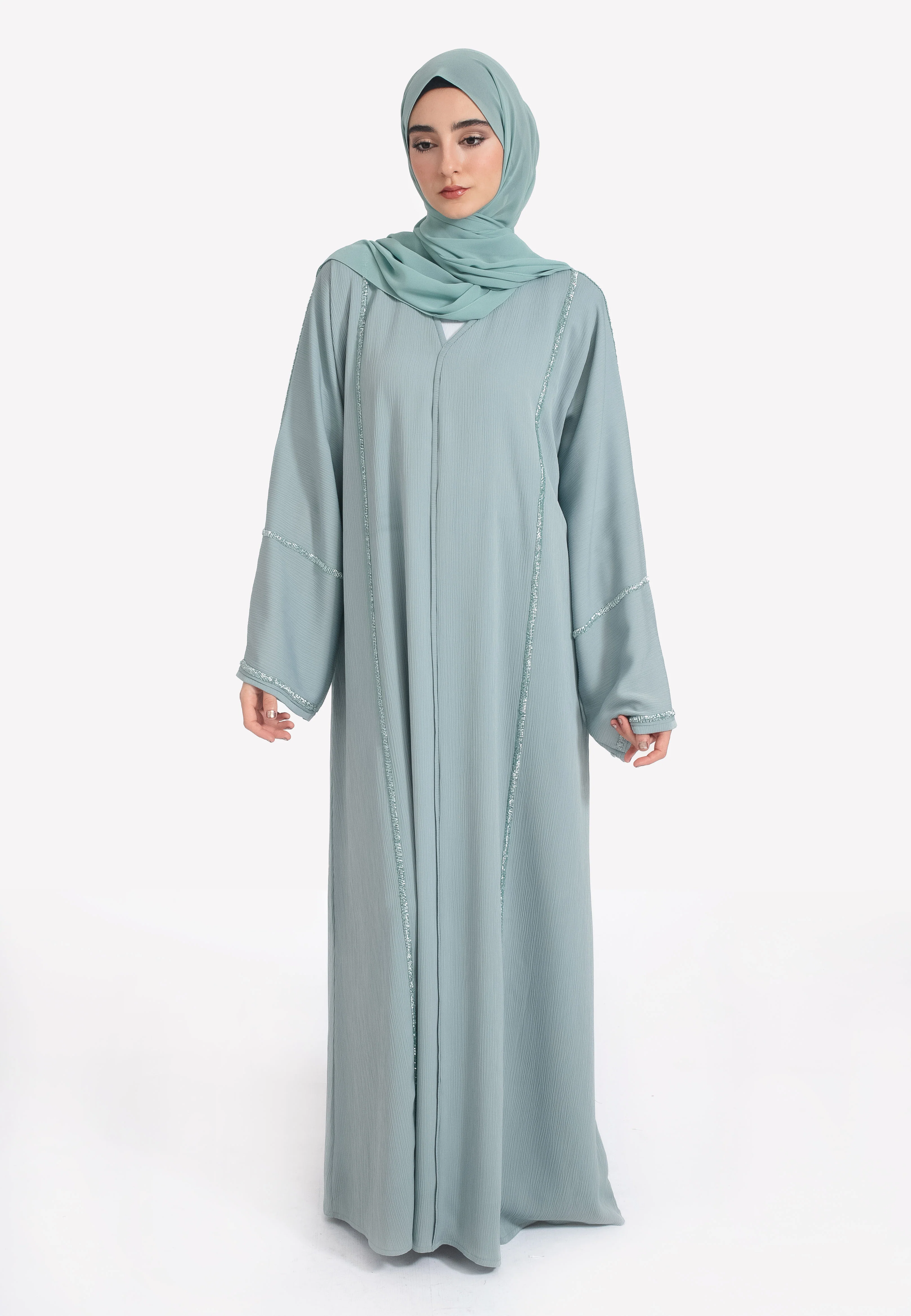Powder Green Closed Embellished Abaya - Hayah Al-Muslimah