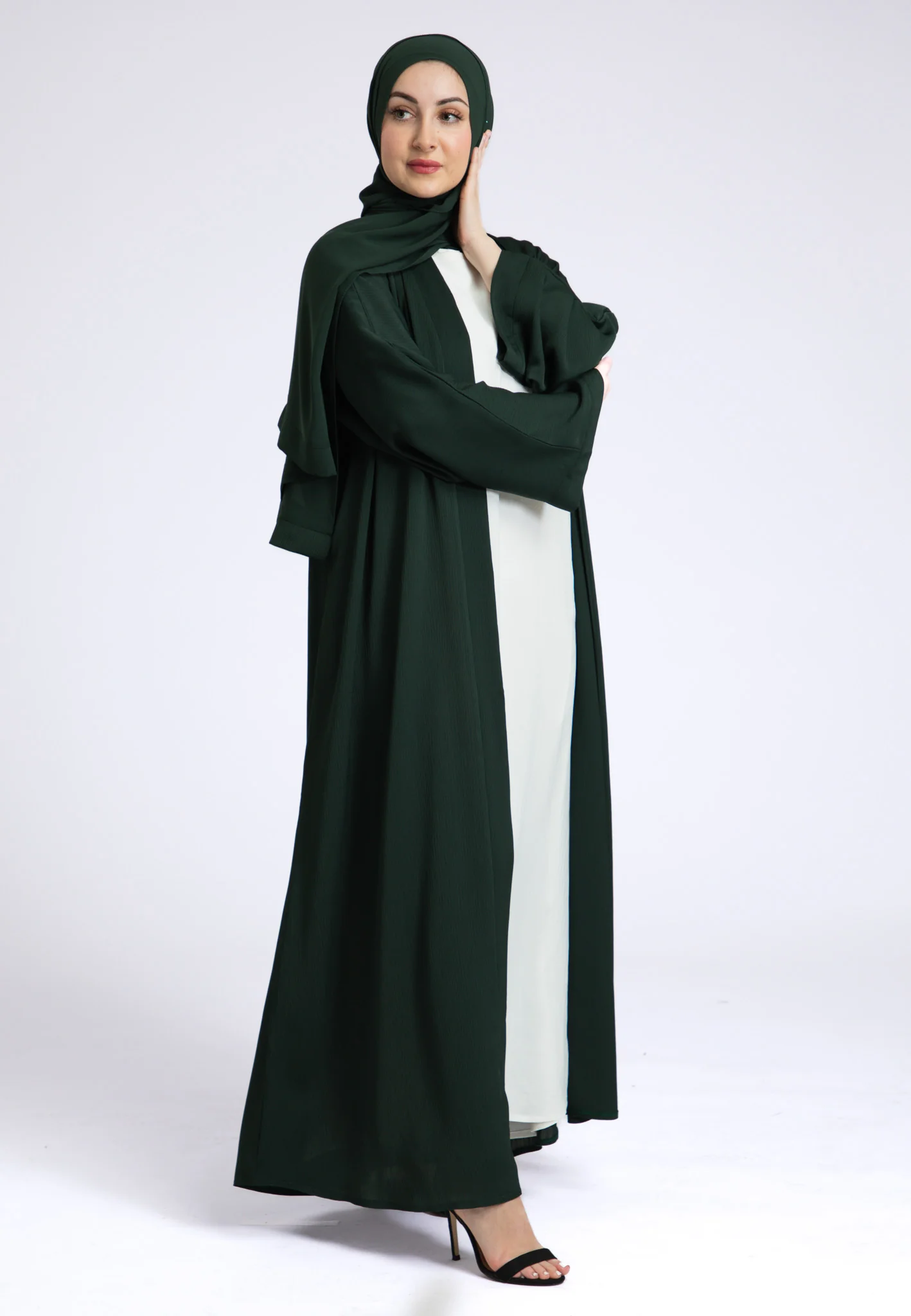 Plain Emerald Green Textured Open Abaya (Premium) - Hayah Al-Muslimah